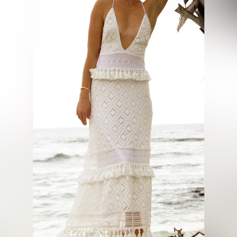 NIGHTCAP Free People *Lima* white crochet lace midi dress w tassels L - Picture 2 of 13